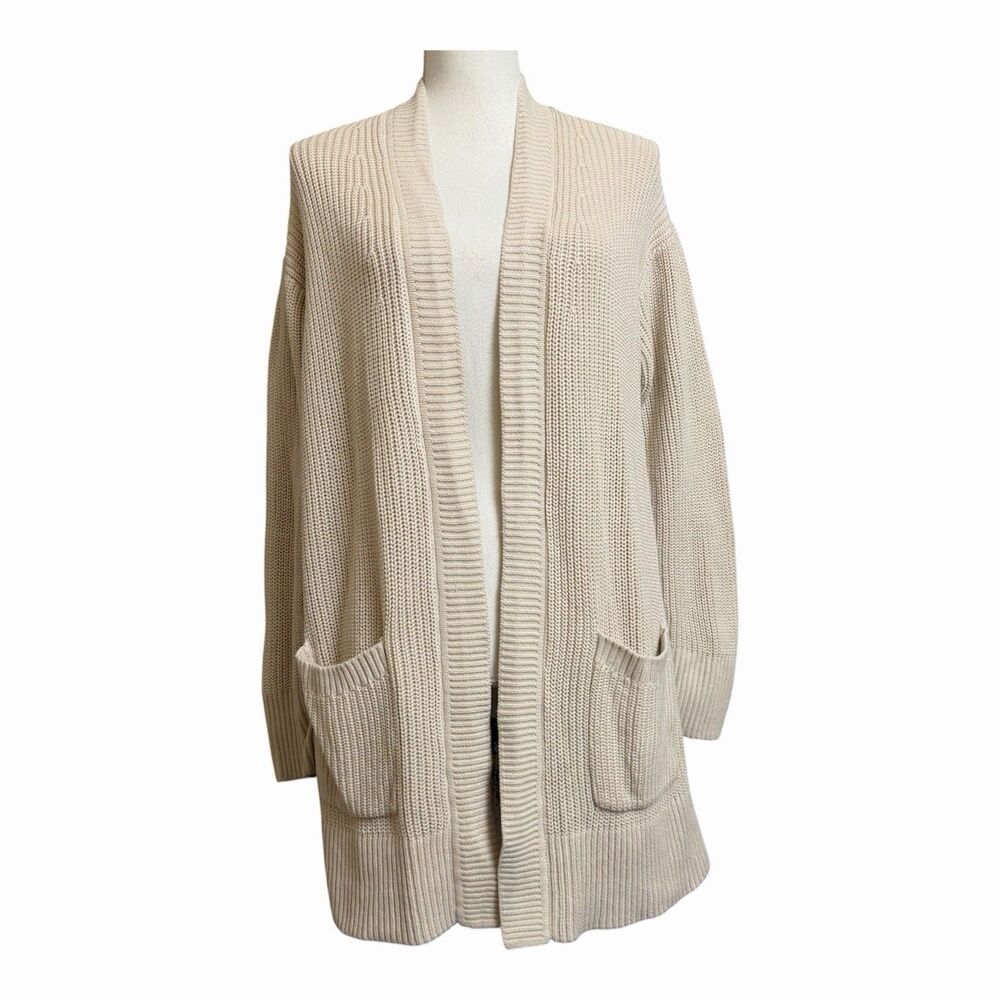 Max & Mia Women's M Off White Open Long Cardigan Sweater 100% Cotton Pockets
